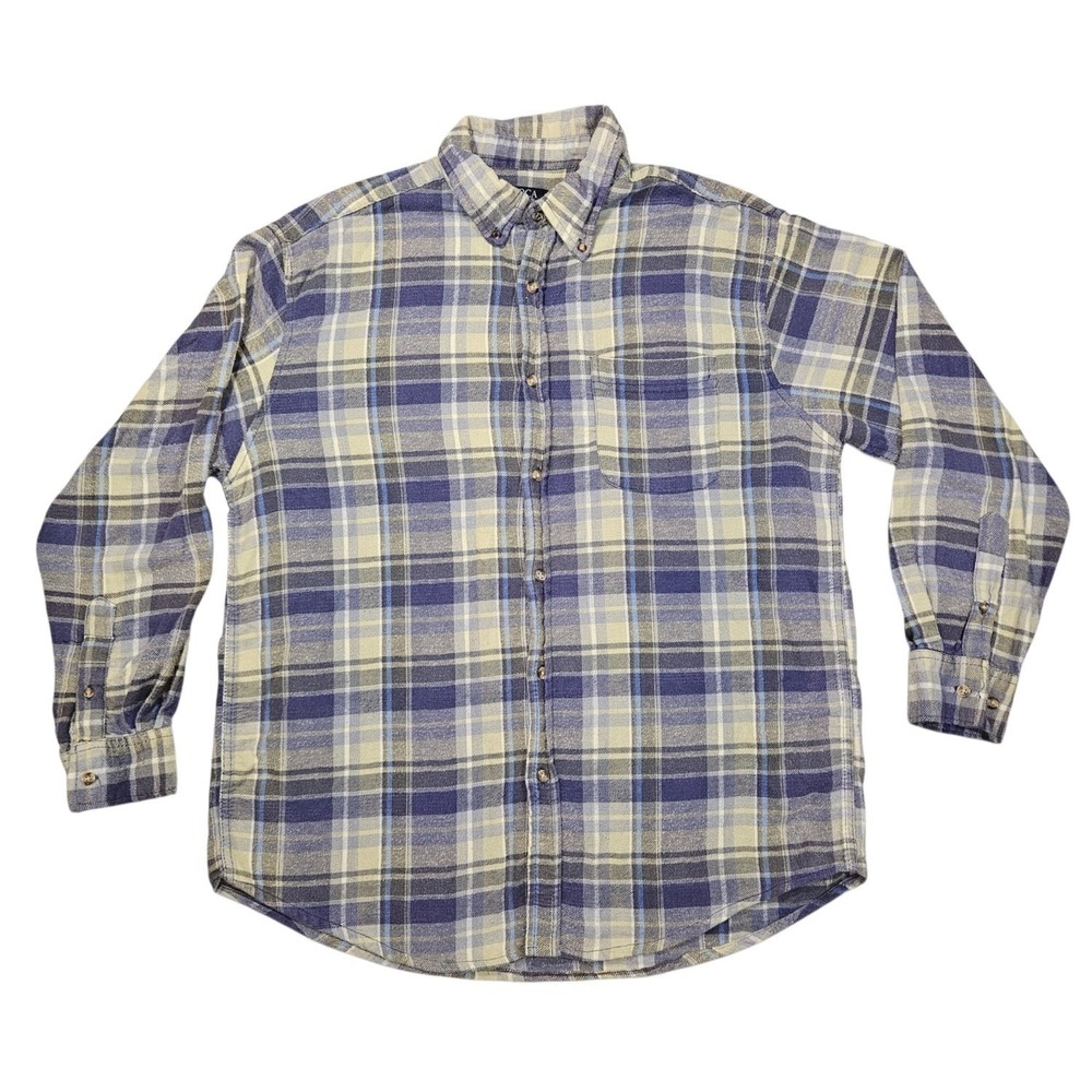 Boca Classics Mens Large Flannel Long Sleeve Plaid Blue Beige Cotton Casual